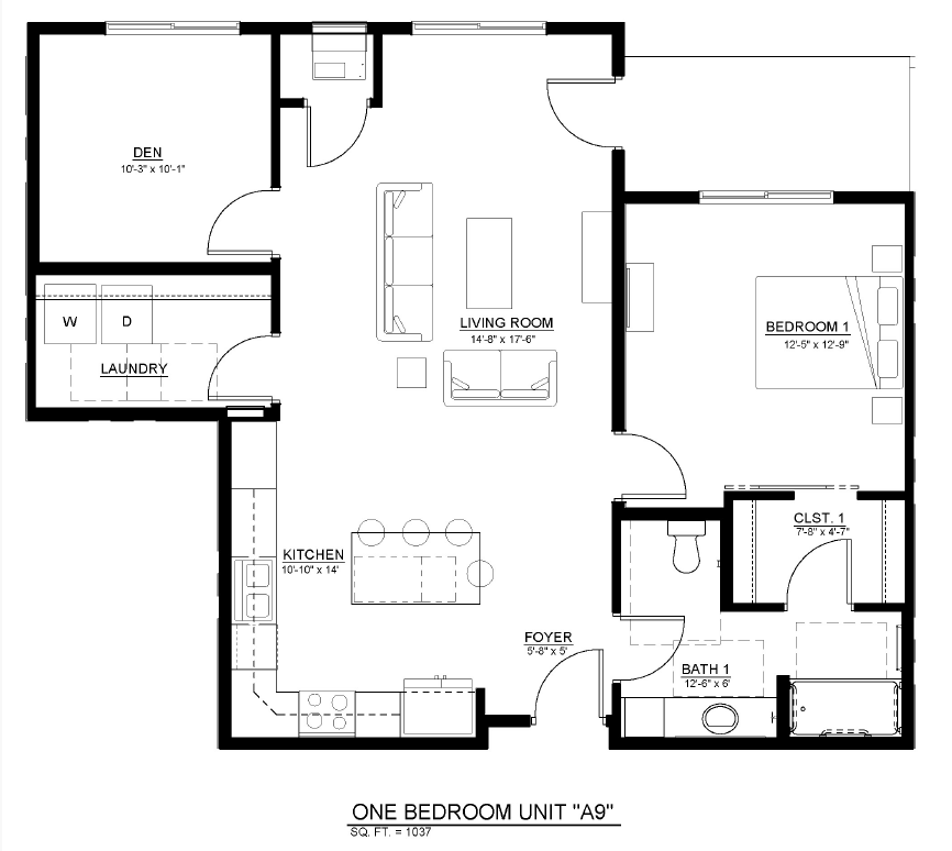 1 Bedroom w/ Den floor plan