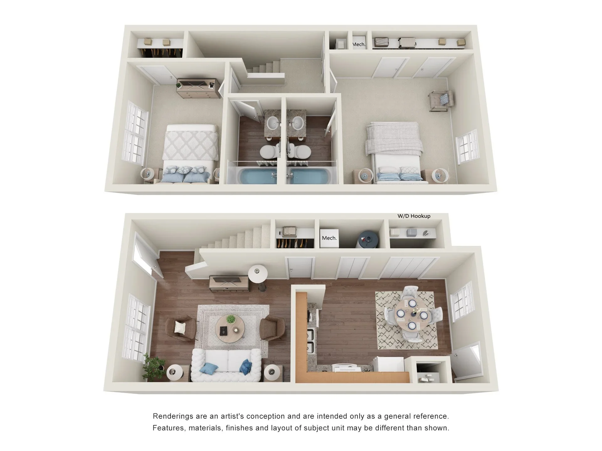 2 Bed 2 Bath townhome floor plan