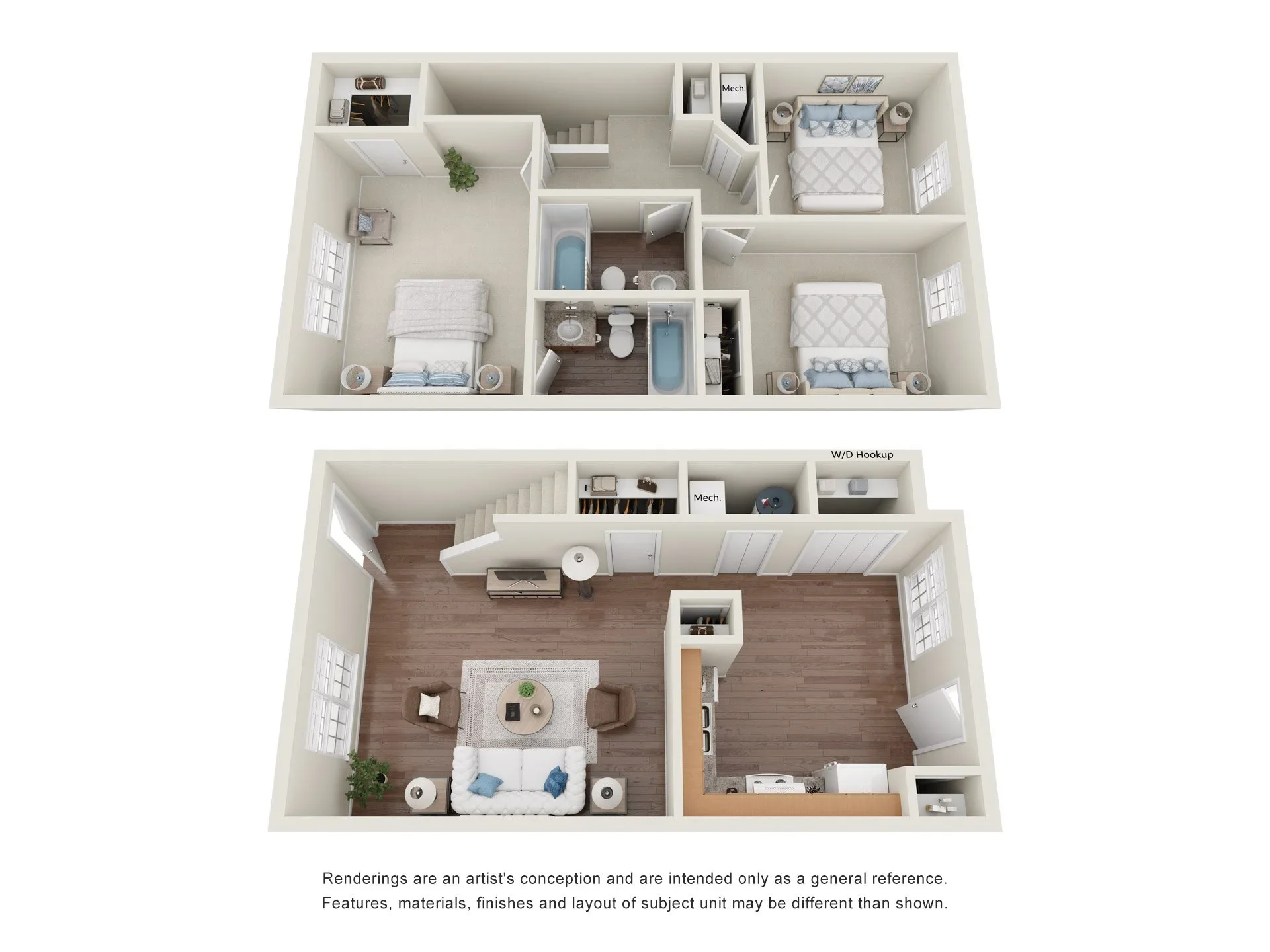 3 Bed 2 Bath townhome floor plan