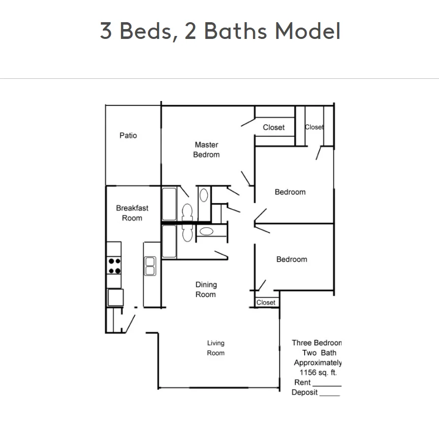 3 Bed, 2 Bath floor plan