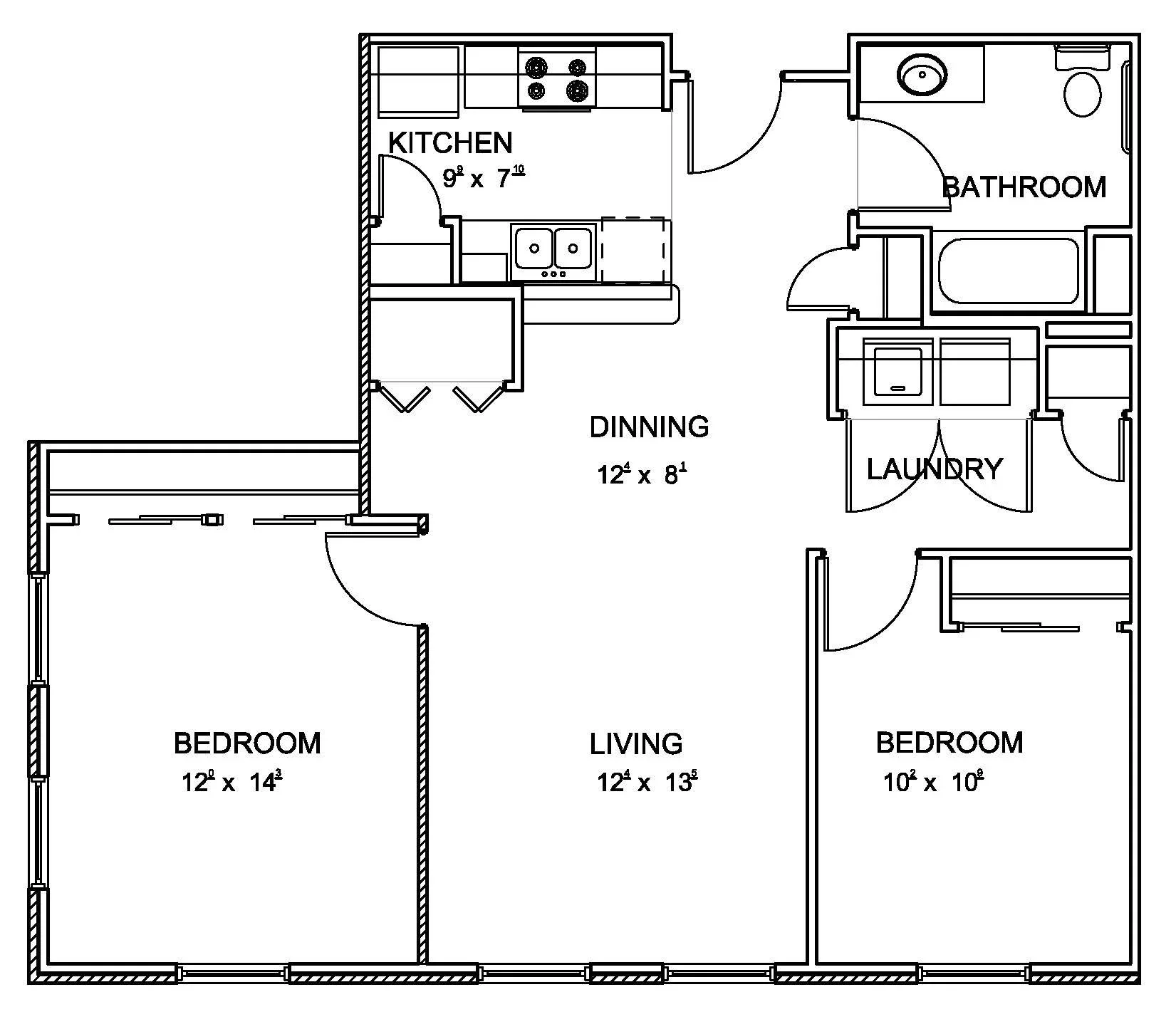 2 Bedroom | 1 Bath | 962 sf floor plan